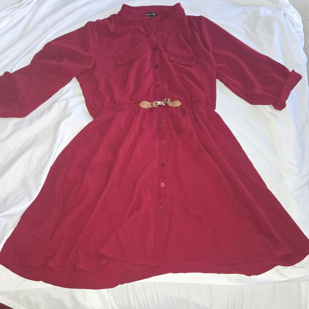 Women’s Red Midi Shirt Dress with Belt